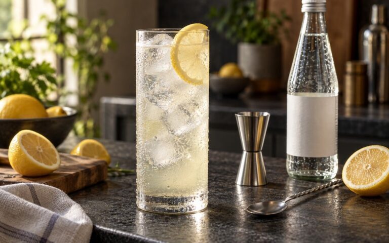 Tom Collins citronné dans un grand verre avec glaçons et bouteille d’eau gazeuse sans étiquette