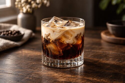 White Russian dans un verre bas avec glaçons et fine couche de crème froide