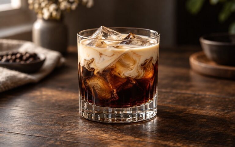 White Russian dans un verre bas avec glaçons et fine couche de crème froide