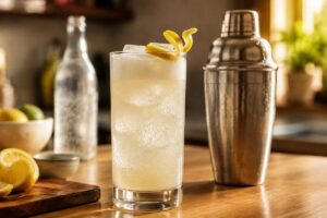 Gin Fizz citronné dans un verre haut, avec shaker et bouteille d’eau gazeuse sans étiquette