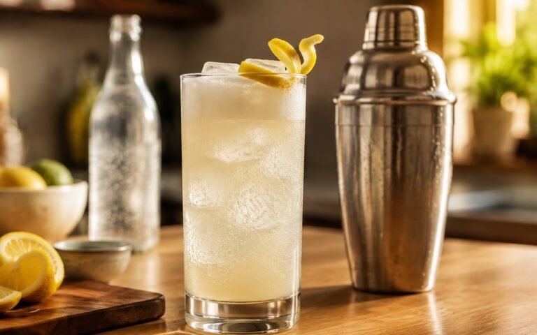 Gin Fizz citronné dans un verre haut, avec shaker et bouteille d’eau gazeuse sans étiquette