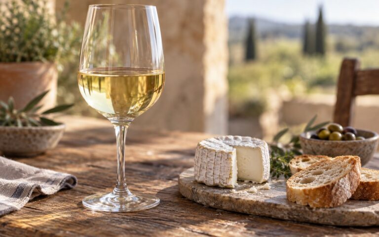 Verre de vin blanc pâle à côté d’un fromage de chèvre coupé et de tranches de pain, sur une table en bois