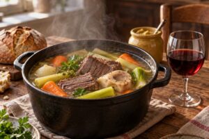 Cocotte de pot-au-feu fumante avec un verre de vin rouge souple et un pot de moutarde