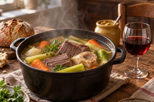 Cocotte de pot-au-feu fumante avec un verre de vin rouge souple et un pot de moutarde