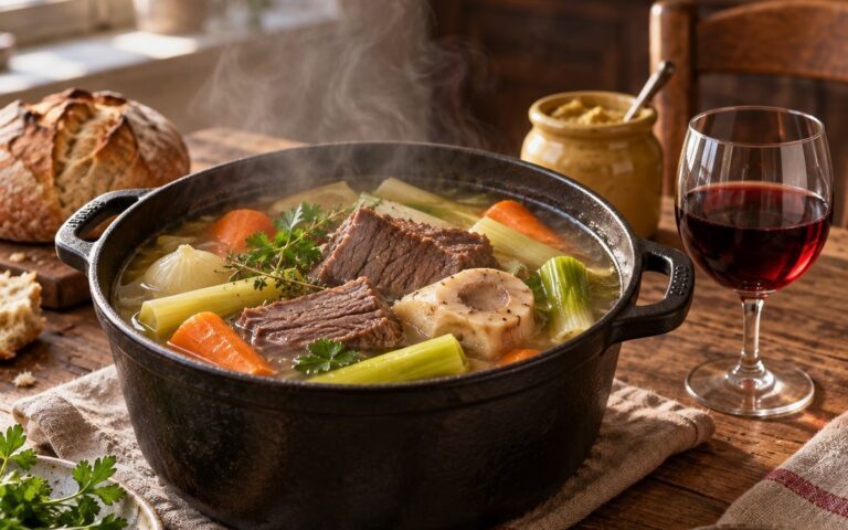 Cocotte de pot-au-feu fumante avec un verre de vin rouge souple et un pot de moutarde