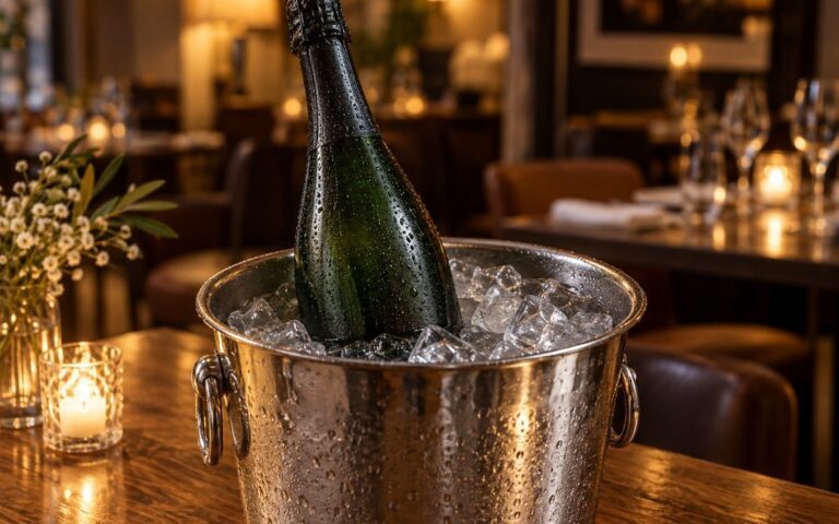 Bouteille de champagne verte sans étiquette, couverte de condensation, dans un seau à glace sur une table en bois
