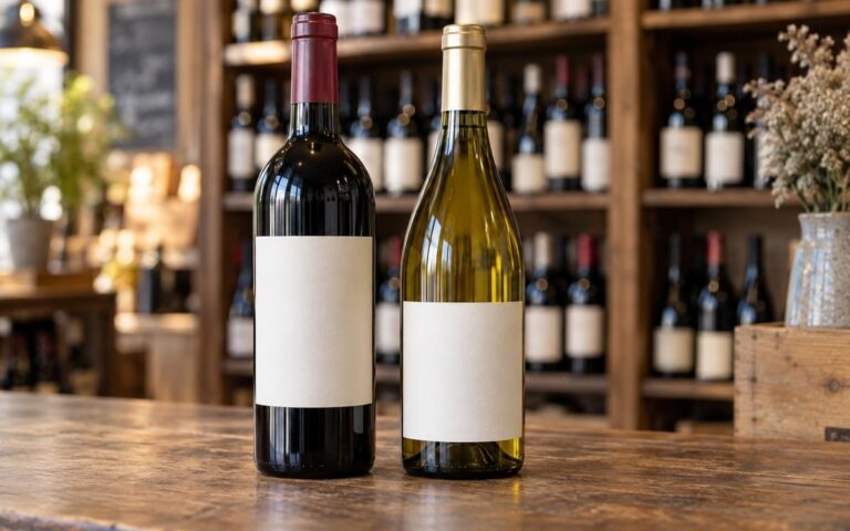 Deux bouteilles de vin sans marque posées côte à côte dans un rayon de caviste
