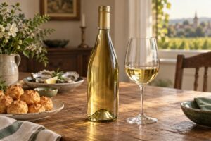 Bouteille générique de vin blanc Aligoté et verre sur une table avec gougères et huîtres