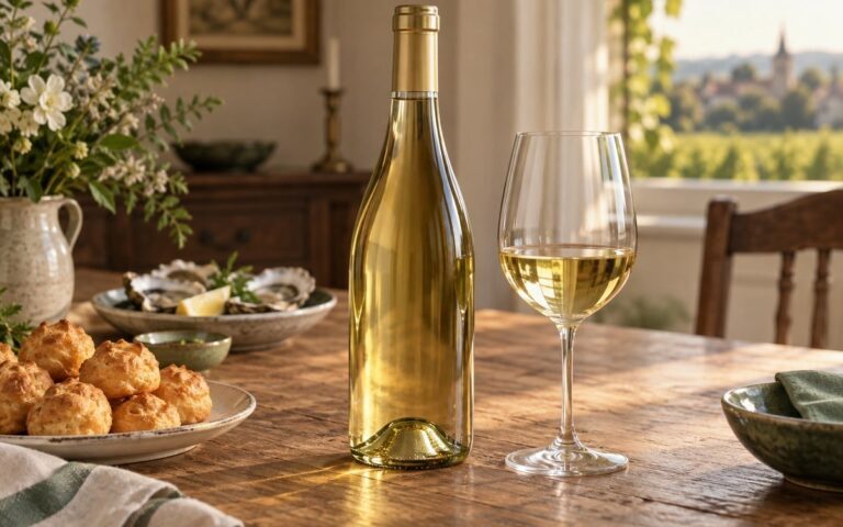 Bouteille générique de vin blanc Aligoté et verre sur une table avec gougères et huîtres