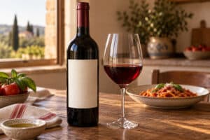 Bouteille de Chianti et verre de rouge avec des pâtes à la tomate sur une table de cuisine
