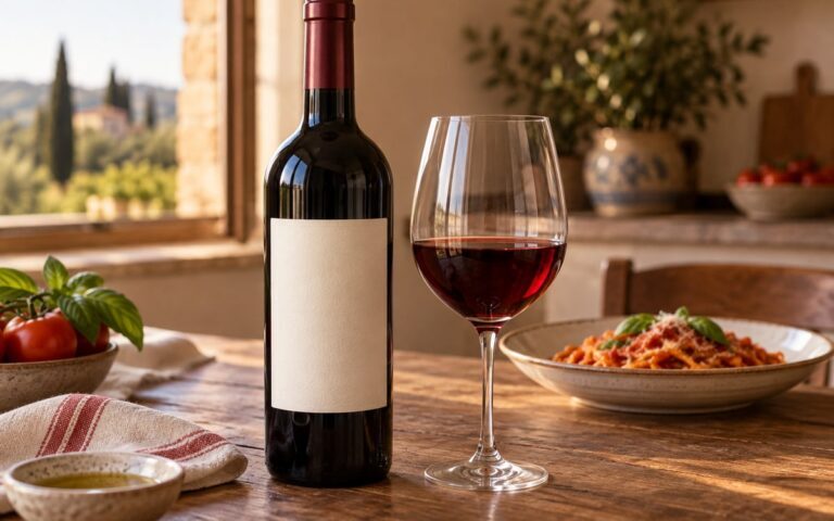 Bouteille de Chianti et verre de rouge avec des pâtes à la tomate sur une table de cuisine