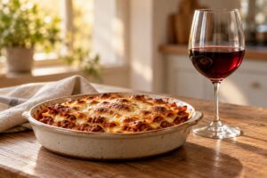 Montepulciano rouge italien et lasagnes sur une table, sans marque