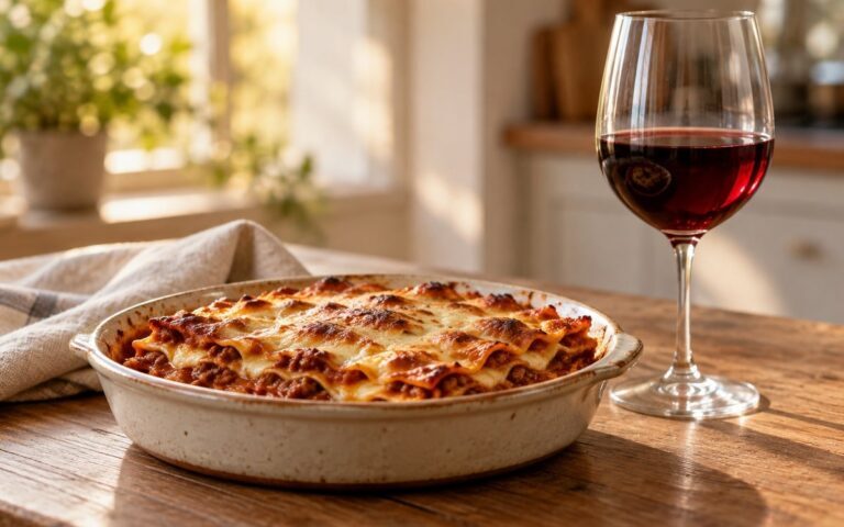 Montepulciano rouge italien et lasagnes sur une table, sans marque