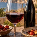 Verre de Nero d’Avola avec bouteille sans étiquette lisible, tomates rôties et plat grillé