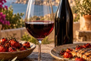 Verre de Nero d’Avola avec bouteille sans étiquette lisible, tomates rôties et plat grillé