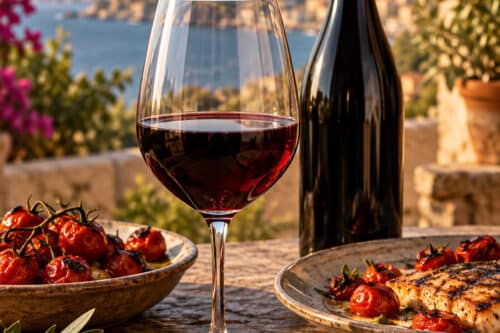 Verre de Nero d’Avola avec bouteille sans étiquette lisible, tomates rôties et plat grillé