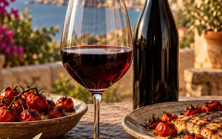 Verre de Nero d’Avola avec bouteille sans étiquette lisible, tomates rôties et plat grillé