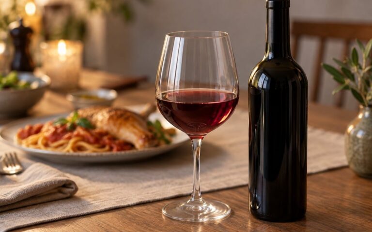 Verre de vin rouge sans alcool servi frais avec un plat simple