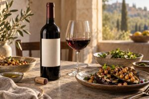 Bouteille de vin rouge sans marque et plats végétaux sur une table