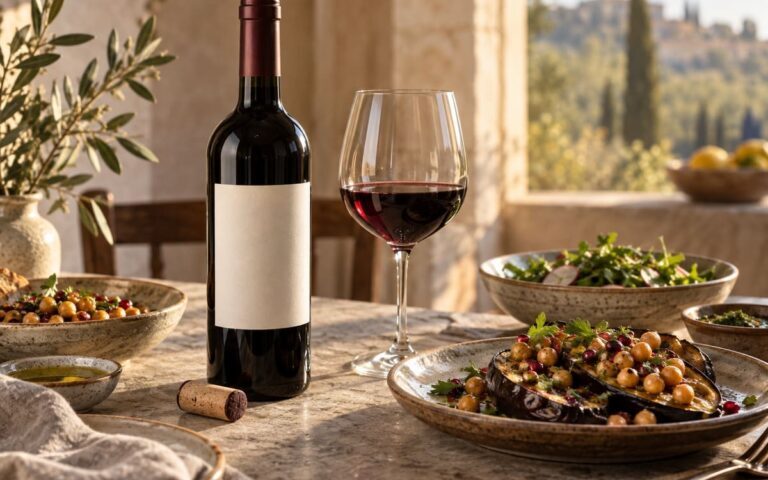 Bouteille de vin rouge sans marque et plats végétaux sur une table