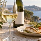 Verre de Vermentino avec bouteille sans étiquette lisible, poisson grillé et légumes méditerranéens