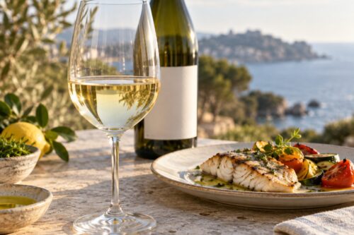 Verre de Vermentino avec bouteille sans étiquette lisible, poisson grillé et légumes méditerranéens