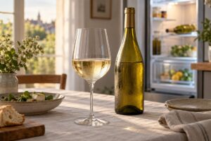 Verre de Pouilly-Fumé servi frais à table près d'une bouteille blanche sans étiquette