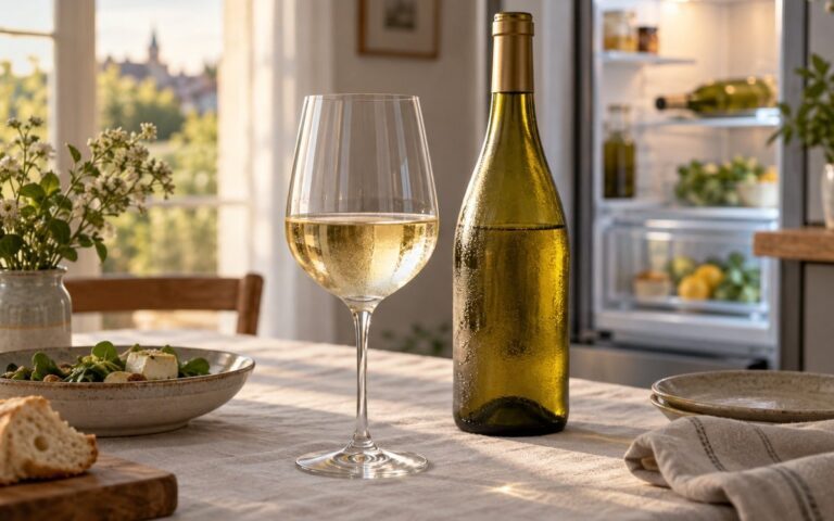 Verre de Pouilly-Fumé servi frais à table près d'une bouteille blanche sans étiquette