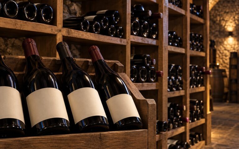 Bouteilles de vin dans une cave, illustration générée
