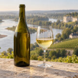 Bouteille sans marque et verre de vin blanc dans un paysage évoquant la Loire