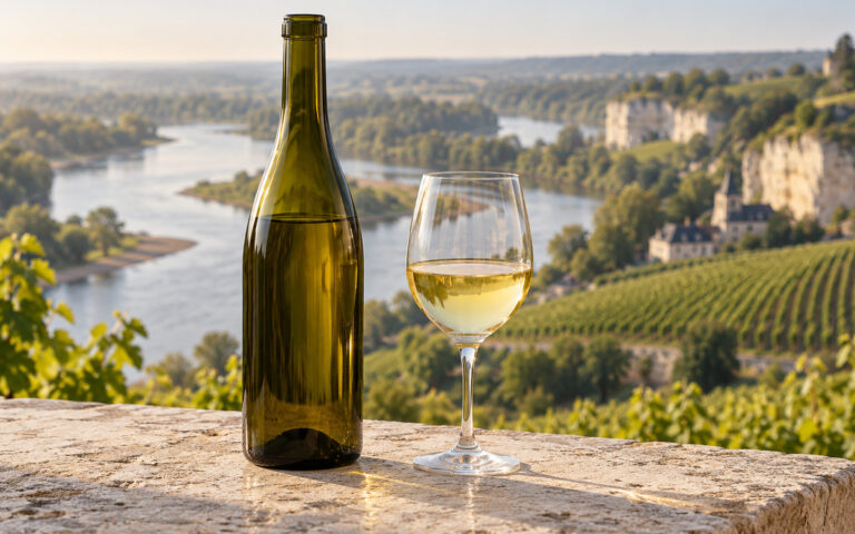 Bouteille sans marque et verre de vin blanc dans un paysage évoquant la Loire
