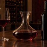 Verre de vin rouge, carafe et bouteille posés sur une table de dégustation