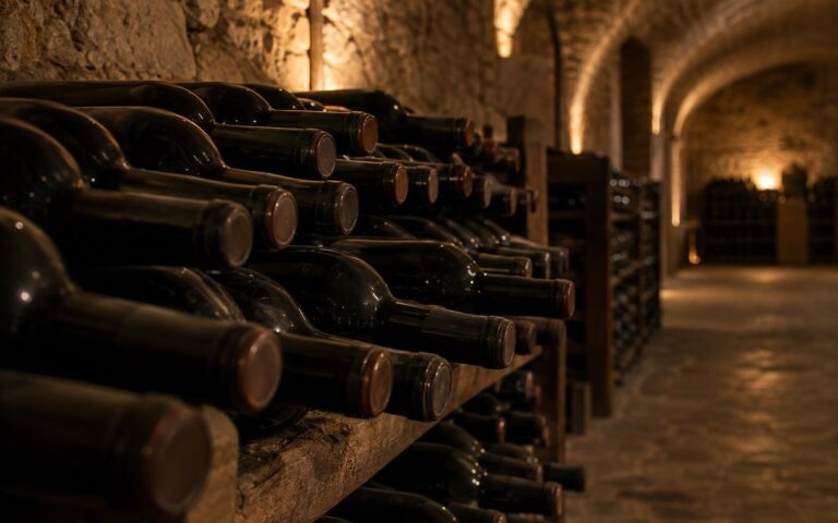 Caves voutees avec rangees de bouteilles de vin sombres sans etiquette lisible
