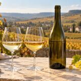 Deux verres de vin blanc, une bouteille sans étiquette et des raisins devant un vignoble