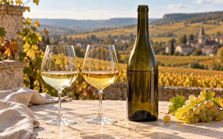 Deux verres de vin blanc, une bouteille sans étiquette et des raisins devant un vignoble