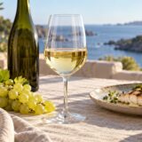Verre de vin blanc et grappe de raisin clair sur une table avec une assiette de poisson