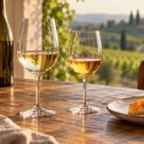 Deux verres de vin blanc, bouteille sans étiquette et tarte aux abricots sur une table
