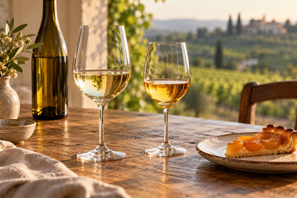 Deux verres de vin blanc, bouteille sans étiquette et tarte aux abricots sur une table