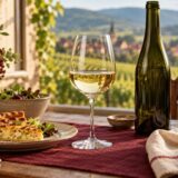 Verre de vin blanc, bouteille sans étiquette et part de quiche sur une table