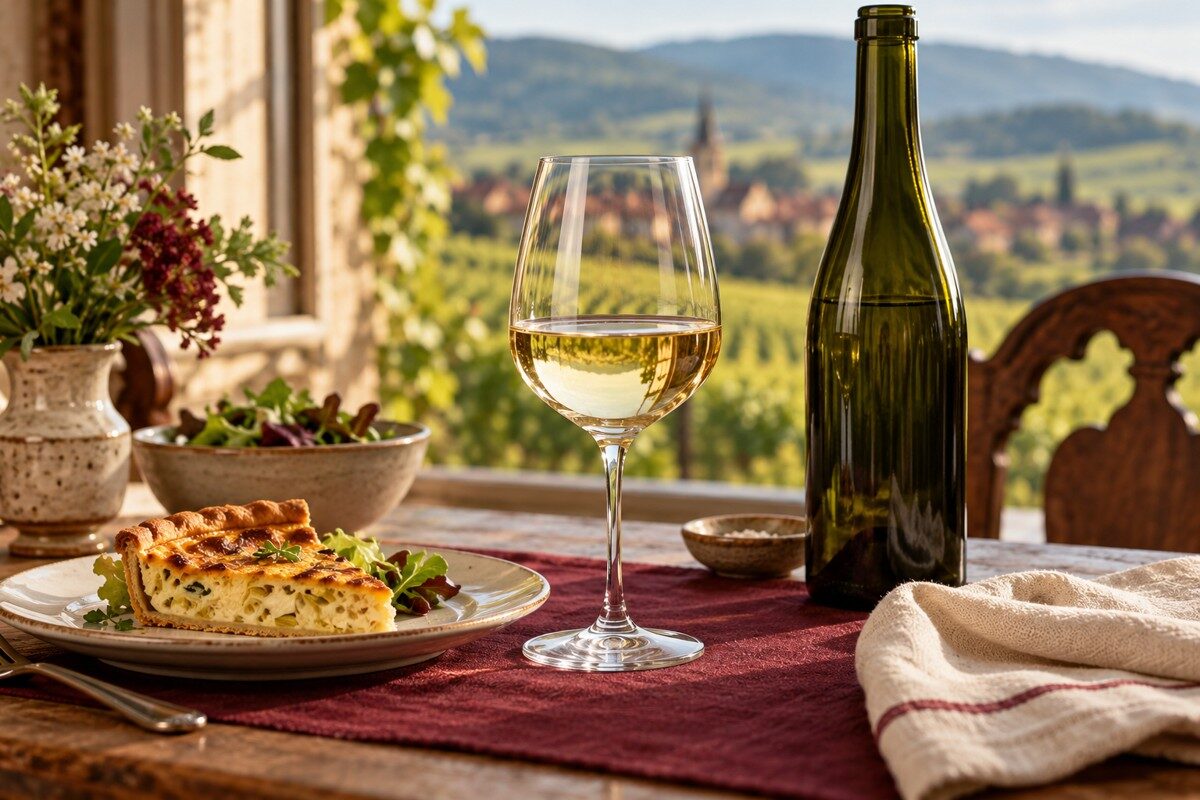 Verre de vin blanc, bouteille sans étiquette et part de quiche sur une table