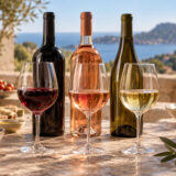 Trois verres de vin rouge, rosé et blanc sur une table, avec des bouteilles sans étiquette