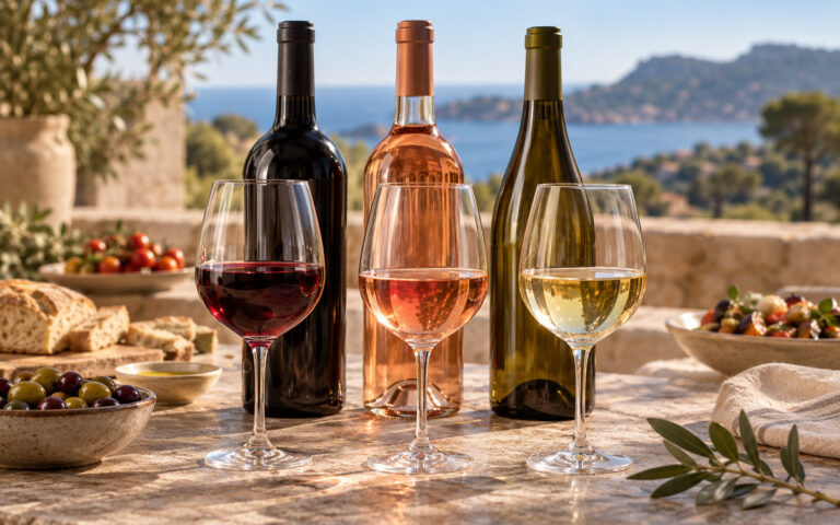 Trois verres de vin rouge, rosé et blanc sur une table, avec des bouteilles sans étiquette