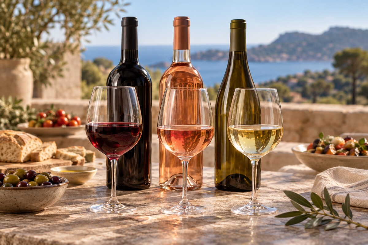 Trois verres de vin rouge, rosé et blanc sur une table, avec des bouteilles sans étiquette