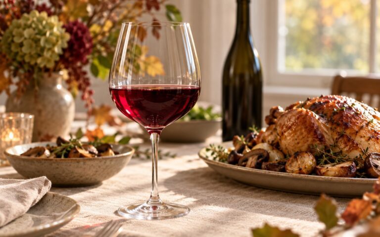 Verre de vin rouge et volaille sur une table automnale
