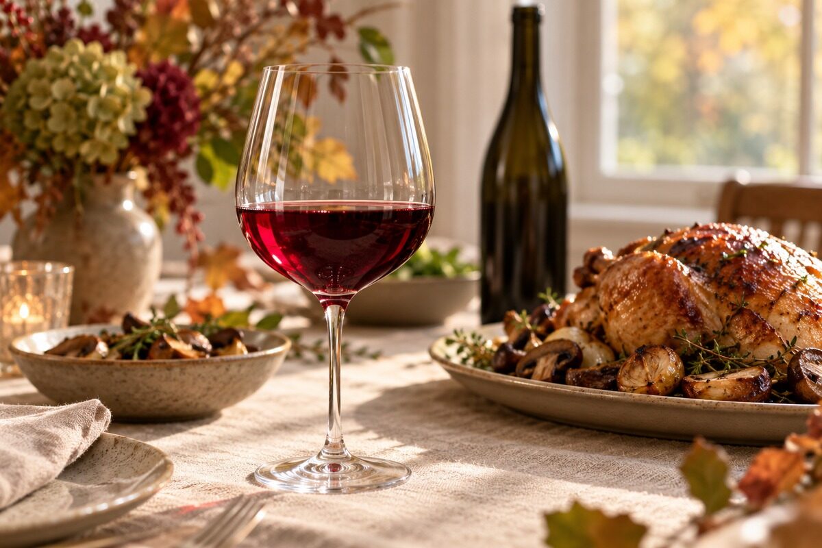 Verre de vin rouge et volaille sur une table automnale