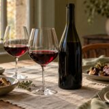 Deux verres de vin rouge et une bouteille sans étiquette sur une table, avec un plat de viande et de champignons en arrière-plan