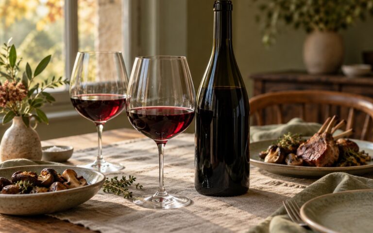Deux verres de vin rouge et une bouteille sans étiquette sur une table, avec un plat de viande et de champignons en arrière-plan