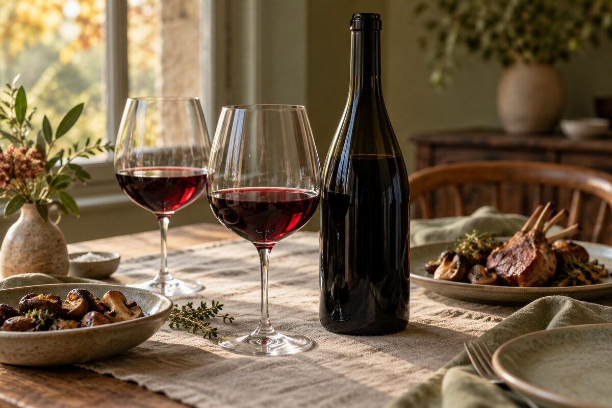 Deux verres de vin rouge et une bouteille sans étiquette sur une table, avec un plat de viande et de champignons en arrière-plan