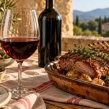 Verre de vin rouge près d’un rôti d’agneau au thym et d’une bouteille sans étiquette
