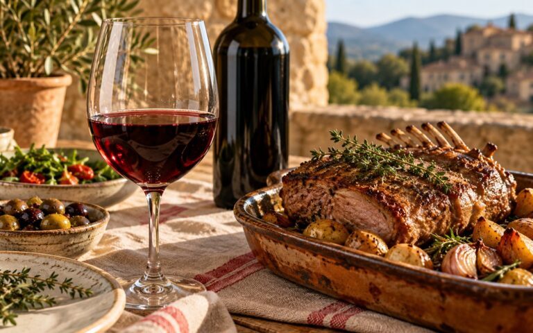 Verre de vin rouge près d’un rôti d’agneau au thym et d’une bouteille sans étiquette